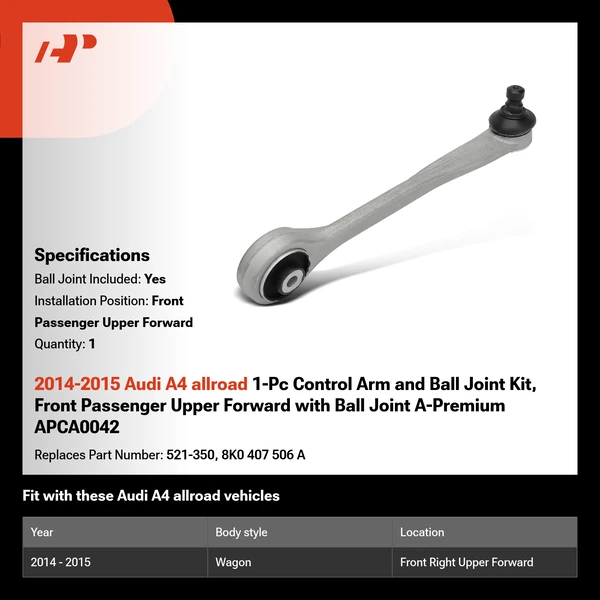 2014-2015 Audi A4 allroad 1-Pc Control Arm and Ball Joint Kit, Front Passenger Upper Forward with Ball Joint A-Premium APCA0042