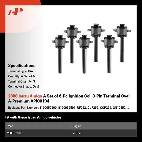 2000 Isuzu Amigo A Set of 6-Pc Ignition Coil 3-Pin Terminal Oval A-Premium APIC0194