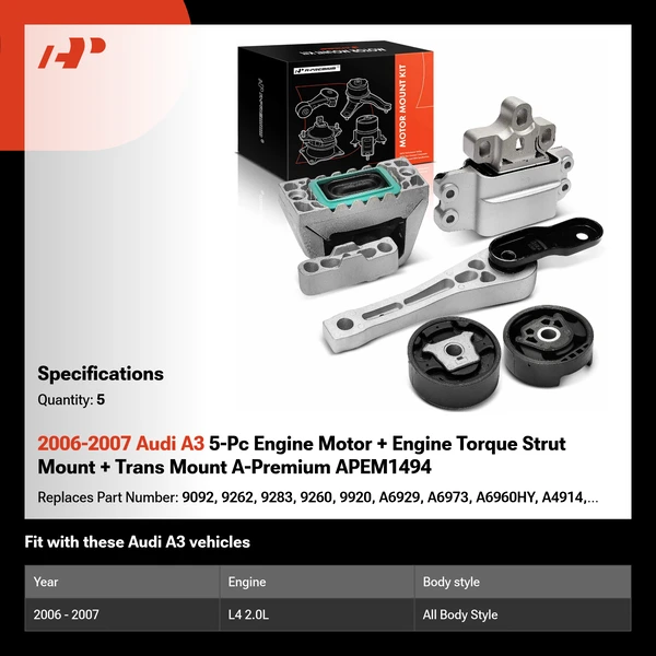 2006-2007 Audi A3 5-Pc Engine Motor + Engine Torque Strut Mount + Trans Mount Left & Right & Rear A-Premium APEM1494
