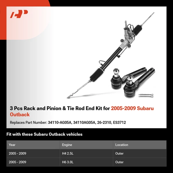 3 Pcs Rack and Pinion & Tie Rod End Kit for 2005-2009 Subaru Outback