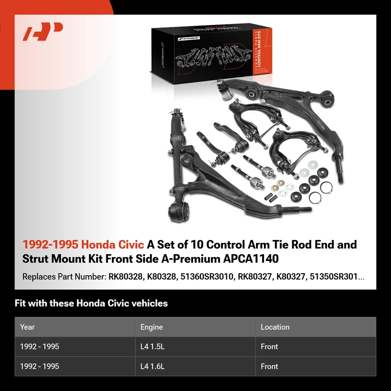 1992-1995 Honda Civic A Set of 10 Control Arm Tie Rod End and Strut Mount Kit Front Side A-Premium APCA1140