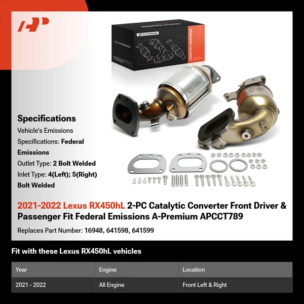 2021-2022 Lexus RX450hL 2-PC Catalytic Converter Front Driver & Passenger Fit Federal Emissions A-Premium APCCT789