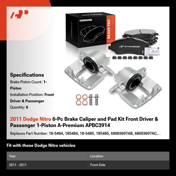 2011 Dodge Nitro 6-Pc Brake Caliper and Pad Kit Front Driver & Passenger 1-Piston A-Premium APBC3914