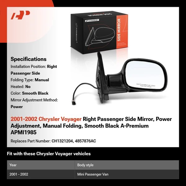 2001-2002 Chrysler Voyager Right Passenger Side Mirror, Power Adjustment, Manual Folding, Smooth Black A-Premium APMI1985