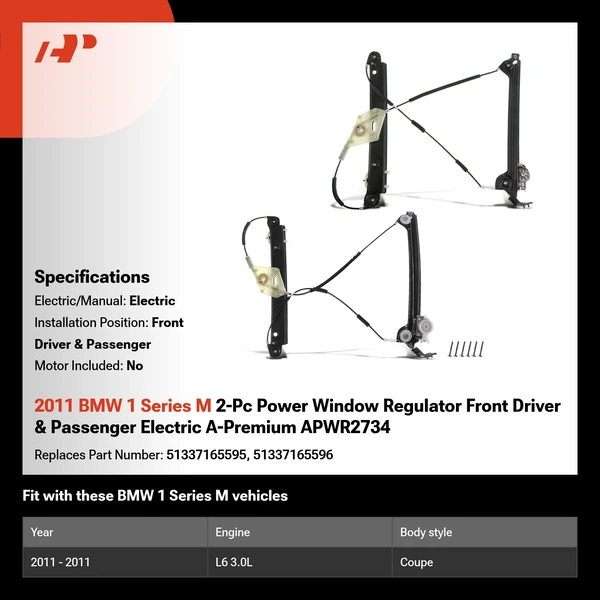 2011 BMW 1 Series M 2-Pc Power Window Regulator Front Driver & Passenger Electric A-Premium APWR2734
