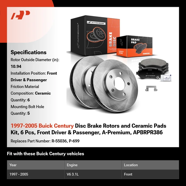 1997-2005 Buick Century Disc Brake Rotors and Ceramic Pads Kit, 6 Pcs, Front Driver & Passenger, A-Premium, APBRPR386