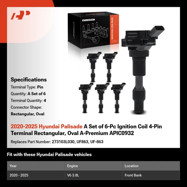 2020-2025 Hyundai Palisade A Set of 6-Pc Ignition Coil 4-Pin Terminal Rectangular, Oval A-Premium APIC0932