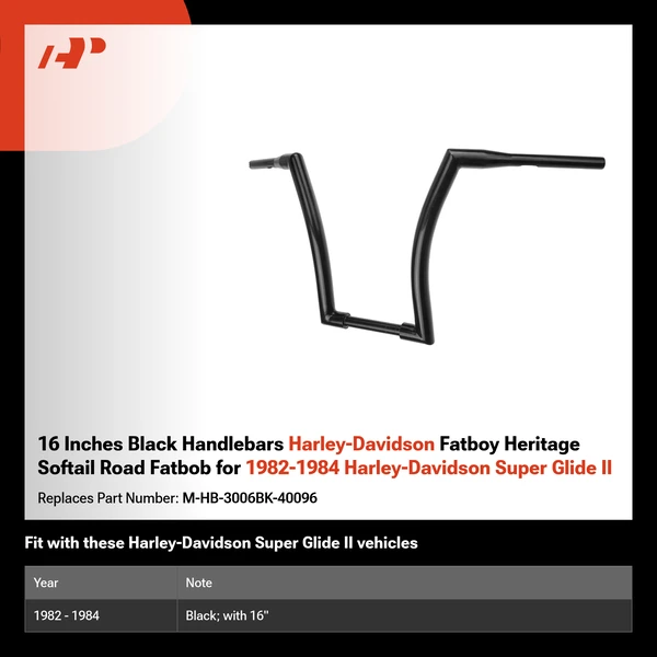 16 Inches Black Handlebars Harley-Davidson Fatboy Heritage Softail Road Fatbob for 1982-1984 Harley-Davidson Super Glide II