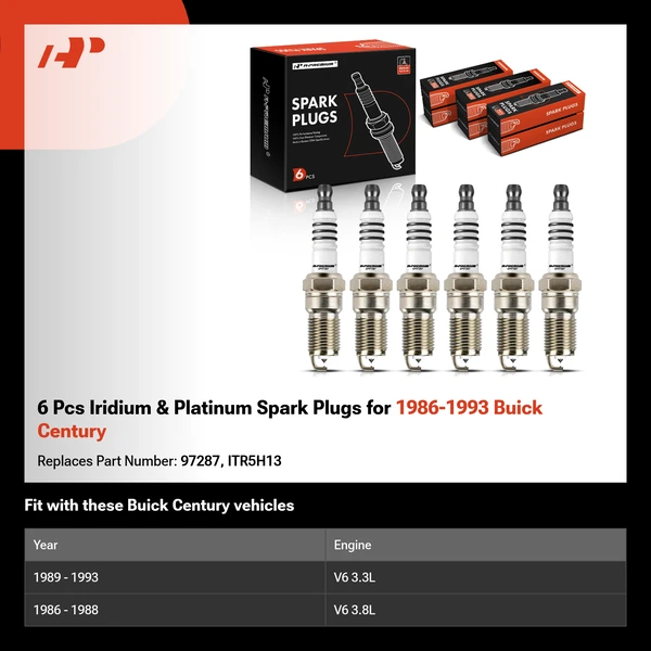 6 Pcs Iridium & Platinum Spark Plugs for 1986-1993 Buick Century