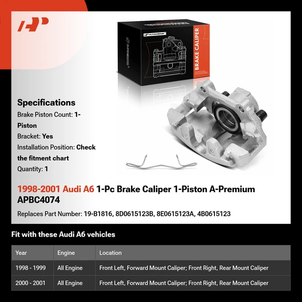 1998-2001 Audi A6 1-Pc Brake Caliper 1-Piston A-Premium APBC4074