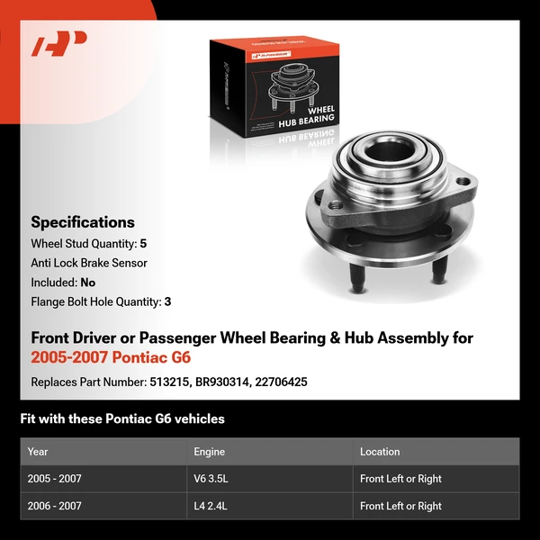 Front Driver or Passenger Wheel Bearing & Hub Assembly for 2005-2007 Pontiac G6