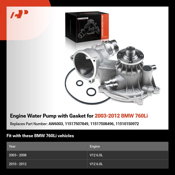 Engine Water Pump with Gasket for 2003-2012 BMW 760Li