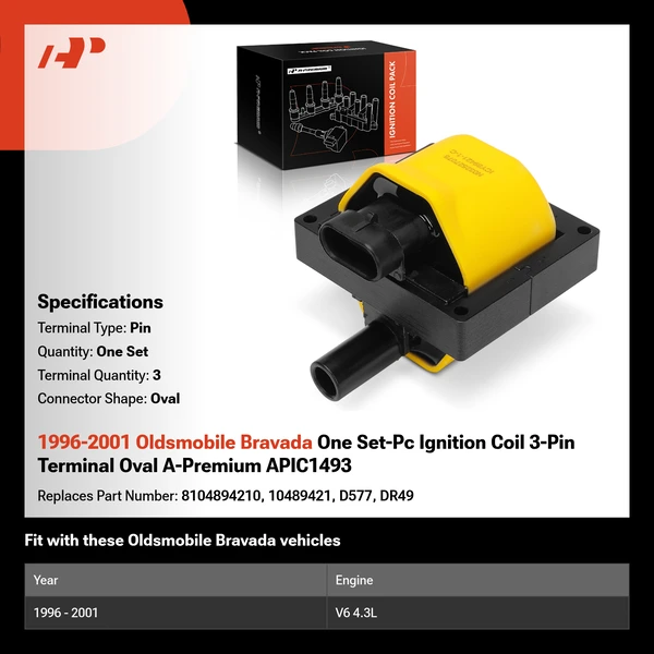 1996-2001 Oldsmobile Bravada One Set-Pc Ignition Coil 3-Pin Terminal Oval A-Premium APIC1493