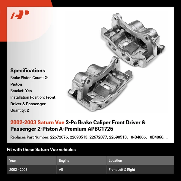 2002-2003 Saturn Vue 2-Pc Brake Caliper Front Driver & Passenger 2-Piston A-Premium APBC1725