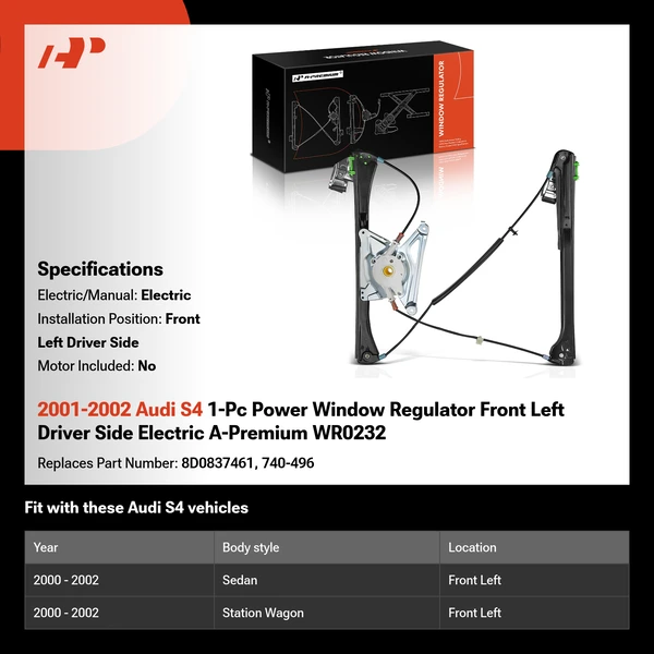 2001-2002 Audi S4 1-Pc Power Window Regulator Front Left Driver Side Electric A-Premium WR0232