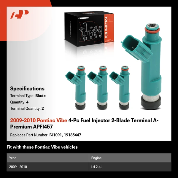 2009-2010 Pontiac Vibe 4-Pc Fuel Injector 2-Blade Terminal A-Premium APFI457