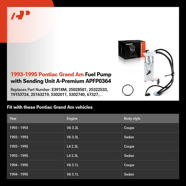 1993-1995 Pontiac Grand Am Fuel Pump with Sending Unit A-Premium APFP0364