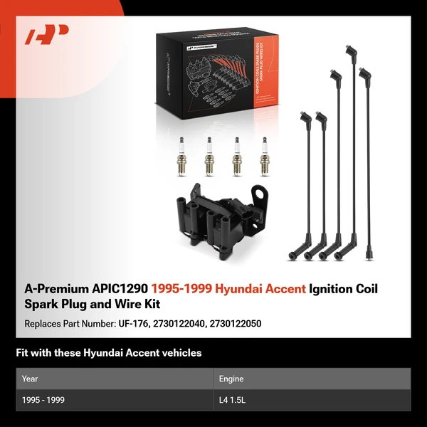 A-Premium APIC1290 1995-1999 Hyundai Accent Ignition Coil Spark Plug and Wire Kit
