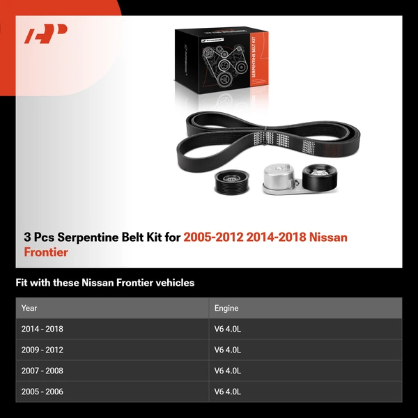 3 Pcs Serpentine Belt Kit for 2005-2012 2014-2018 Nissan Frontier