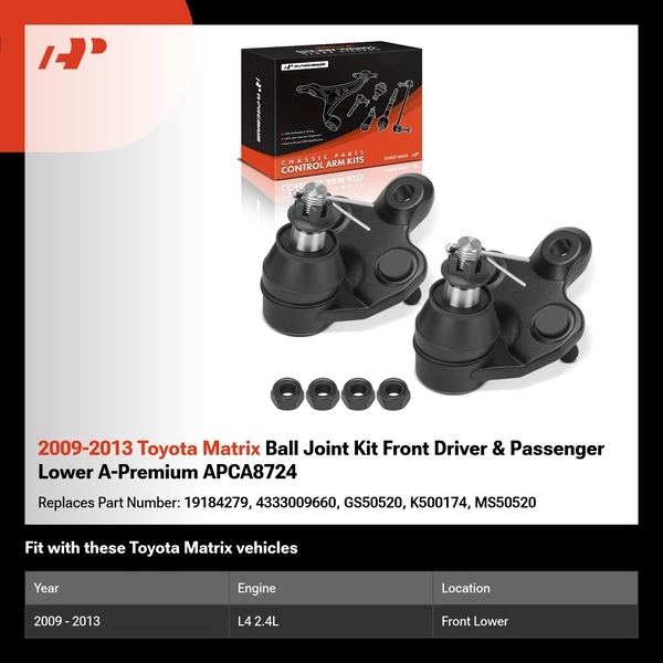 2009-2013 Toyota Matrix Ball Joint Kit Front Driver & Passenger Lower A-Premium APCA8724