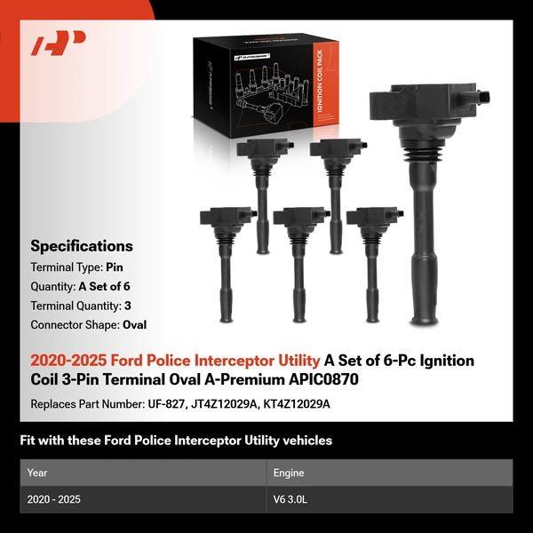2020-2025 Ford Police Interceptor Utility A Set of 6-Pc Ignition Coil 3-Pin Terminal Oval A-Premium APIC0870