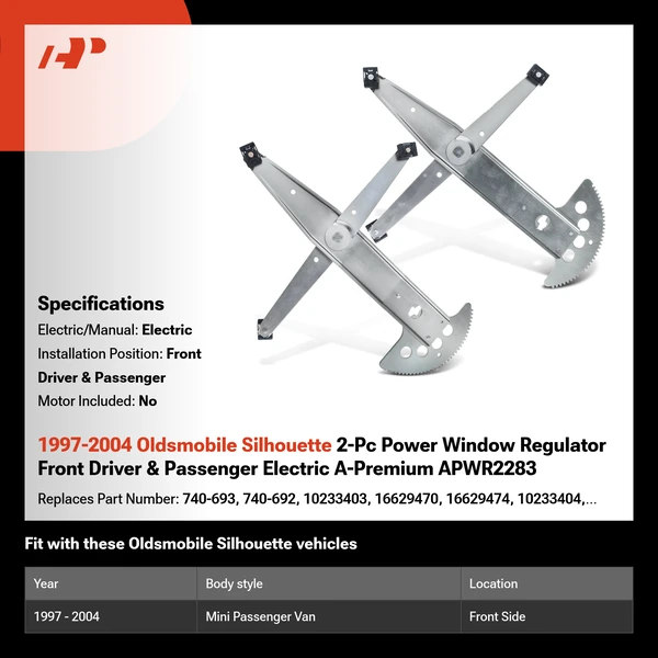 1997-2004 Oldsmobile Silhouette 2-Pc Power Window Regulator Front Driver & Passenger Electric A-Premium APWR2283