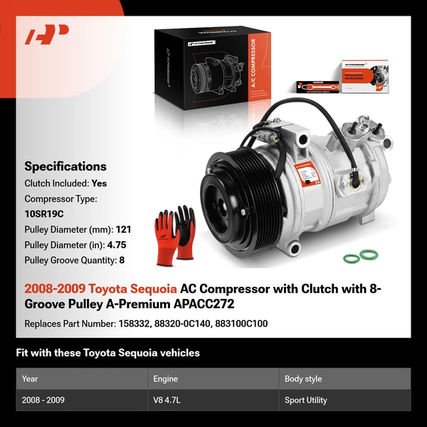 2008-2009 Toyota Sequoia AC Compressor with Clutch with 8-Groove Pulley A-Premium APACC272