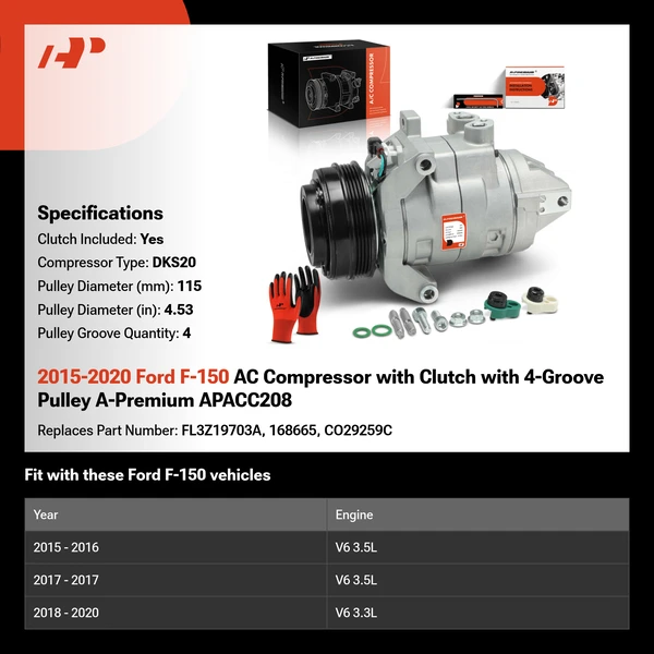 2015-2020 Ford F-150 AC Compressor with Clutch with 4-Groove Pulley A-Premium APACC208