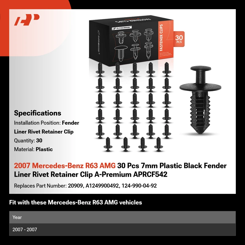 2007 Mercedes-Benz R63 AMG 30 Pcs 7mm Plastic Black Fender Liner Rivet Retainer Clip A-Premium APRCF542