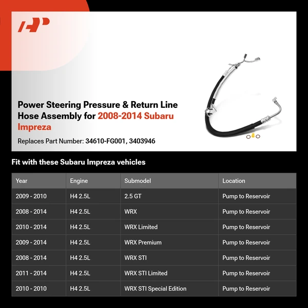 Power Steering Pressure & Return Line Hose Assembly for 2008-2014 Subaru Impreza