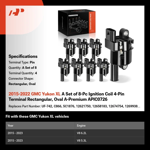 2015-2022 GMC Yukon XL A Set of 8-Pc Ignition Coil 4-Pin Terminal Rectangular, Oval A-Premium APIC0726