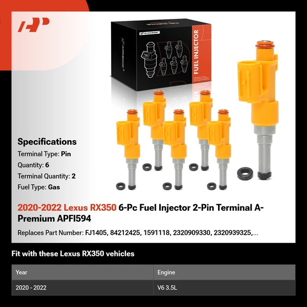 2020-2022 Lexus RX350 6-Pc Fuel Injector 2-Pin Terminal A-Premium APFI594