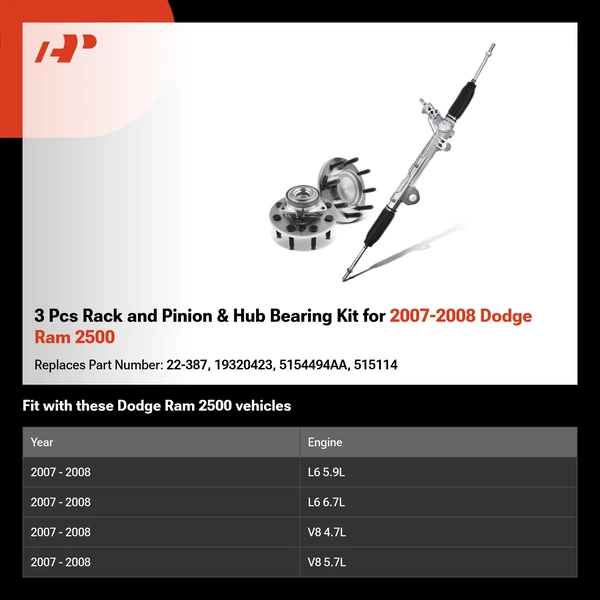 3 Pcs Rack and Pinion & Hub Bearing Kit for 2007-2008 Dodge Ram 2500