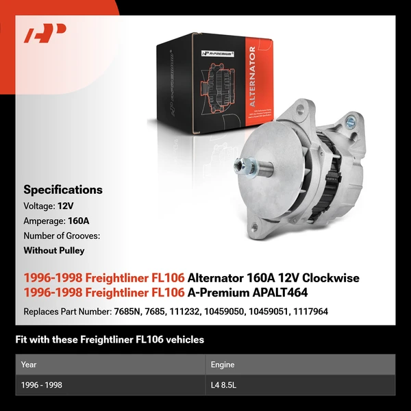 1996-1998 Freightliner FL106 Alternator 160A 12V Clockwise 1996-1998 Freightliner FL106 A-Premium APALT464