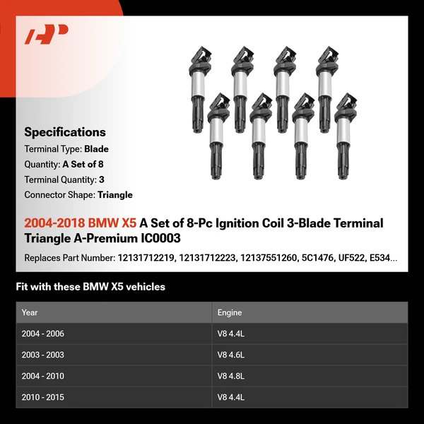 2004-2018 BMW X5 A Set of 8-Pc Ignition Coil 3-Blade Terminal Triangle A-Premium IC0003