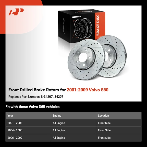 Front Drilled Brake Rotors for 2001-2009 Volvo S60