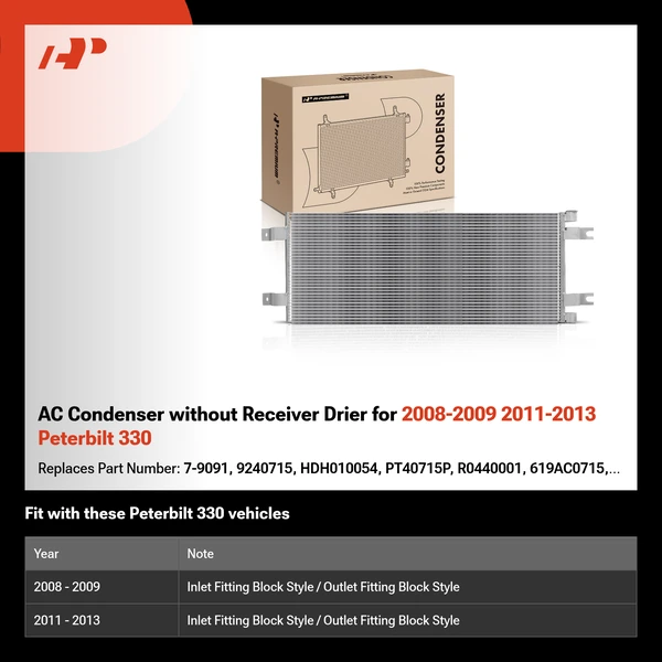 AC Condenser without Receiver Drier for 2008-2009 2011-2013 Peterbilt 330