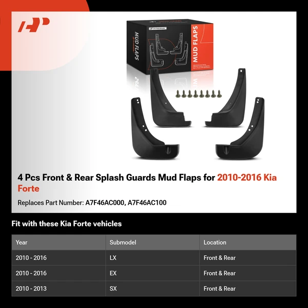 4 Pcs Front & Rear Splash Guards Mud Flaps for 2010-2016 Kia Forte