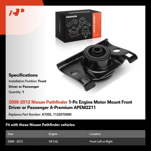 2008-2012 Nissan Pathfinder 1-Pc Engine Motor Mount Front Driver or Passenger A-Premium APEM2211