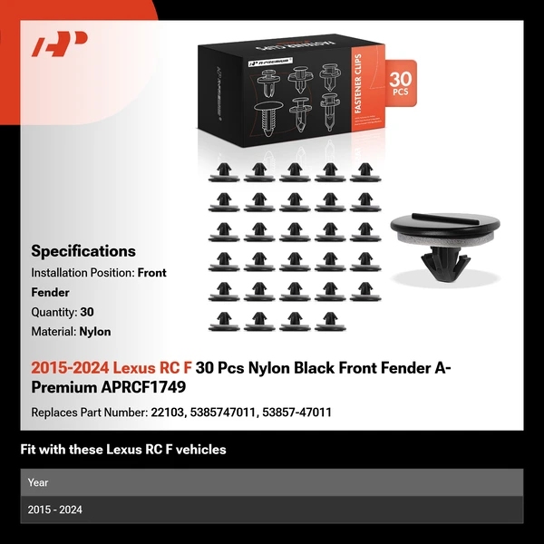 2015-2024 Lexus RC F 30 Pcs Nylon Black Front Fender A-Premium APRCF1749