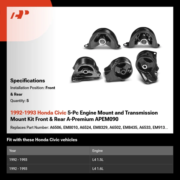 1992-1993 Honda Civic 5-Pc Engine Mount and Transmission Mount Kit Front & Rear A-Premium APEM090