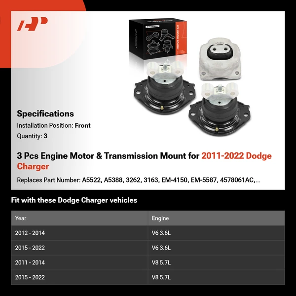 3 Pcs Engine Motor & Transmission Mount for 2011-2022 Dodge Charger