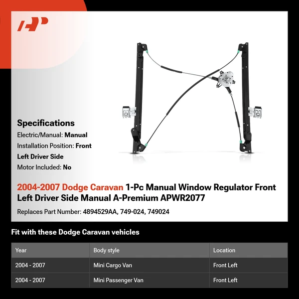 2004-2007 Dodge Caravan 1-Pc Manual Window Regulator Front Left Driver Side Manual A-Premium APWR2077