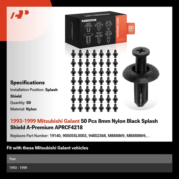 1993-1999 Mitsubishi Galant 50 Pcs 8mm Nylon Black Splash Shield A-Premium APRCF4218