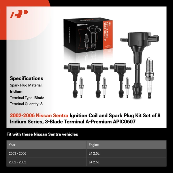 2002-2006 Nissan Sentra Ignition Coil and Spark Plug Kit Set of 8 Iridium Series, 3-Blade Terminal A-Premium APIC0607
