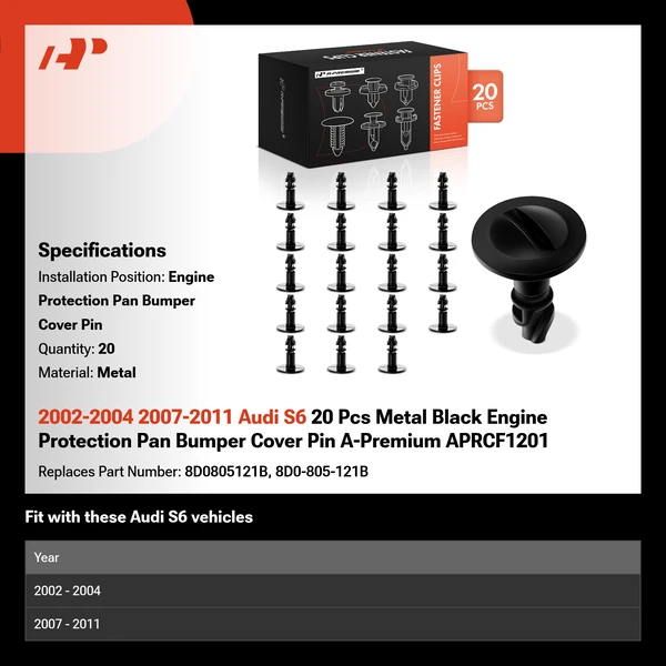 2002-2004 2007-2011 Audi S6 20 Pcs Metal Black Engine Protection Pan Bumper Cover Pin A-Premium APRCF1201