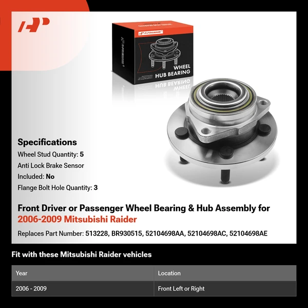 Front Driver or Passenger Wheel Bearing & Hub Assembly for 2006-2009 Mitsubishi Raider
