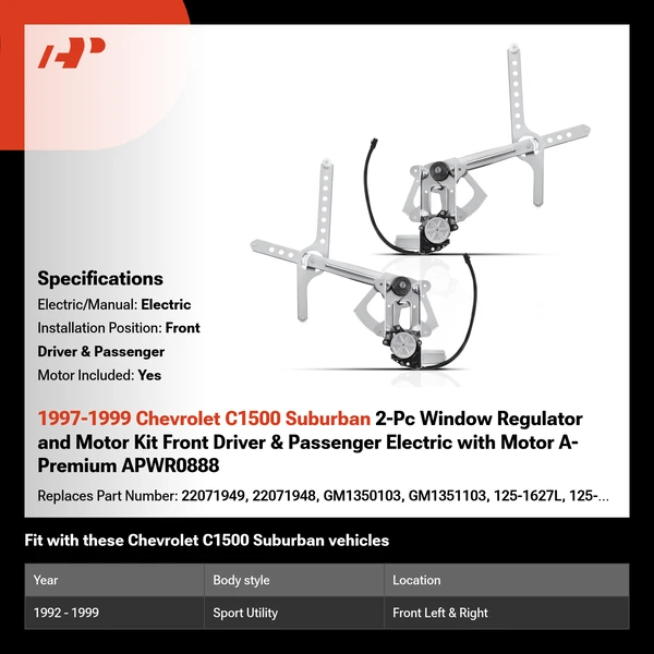 1997-1999 Chevrolet C1500 Suburban 2-Pc Window Regulator and Motor Kit Front Driver & Passenger Electric with Motor A-Premium APWR0888