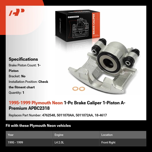 1995-1999 Plymouth Neon 1-Pc Brake Caliper 1-Piston A-Premium APBC2318