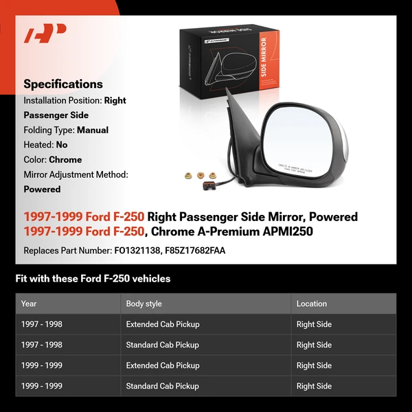 1997-1999 Ford F-250 Right Passenger Side Mirror, Powered 1997-1999 Ford F-250, Chrome A-Premium APMI250